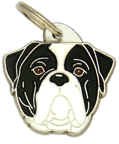Buldogue-americano preto e branco <br> (placa de identificação para cães, Gravado incluído)